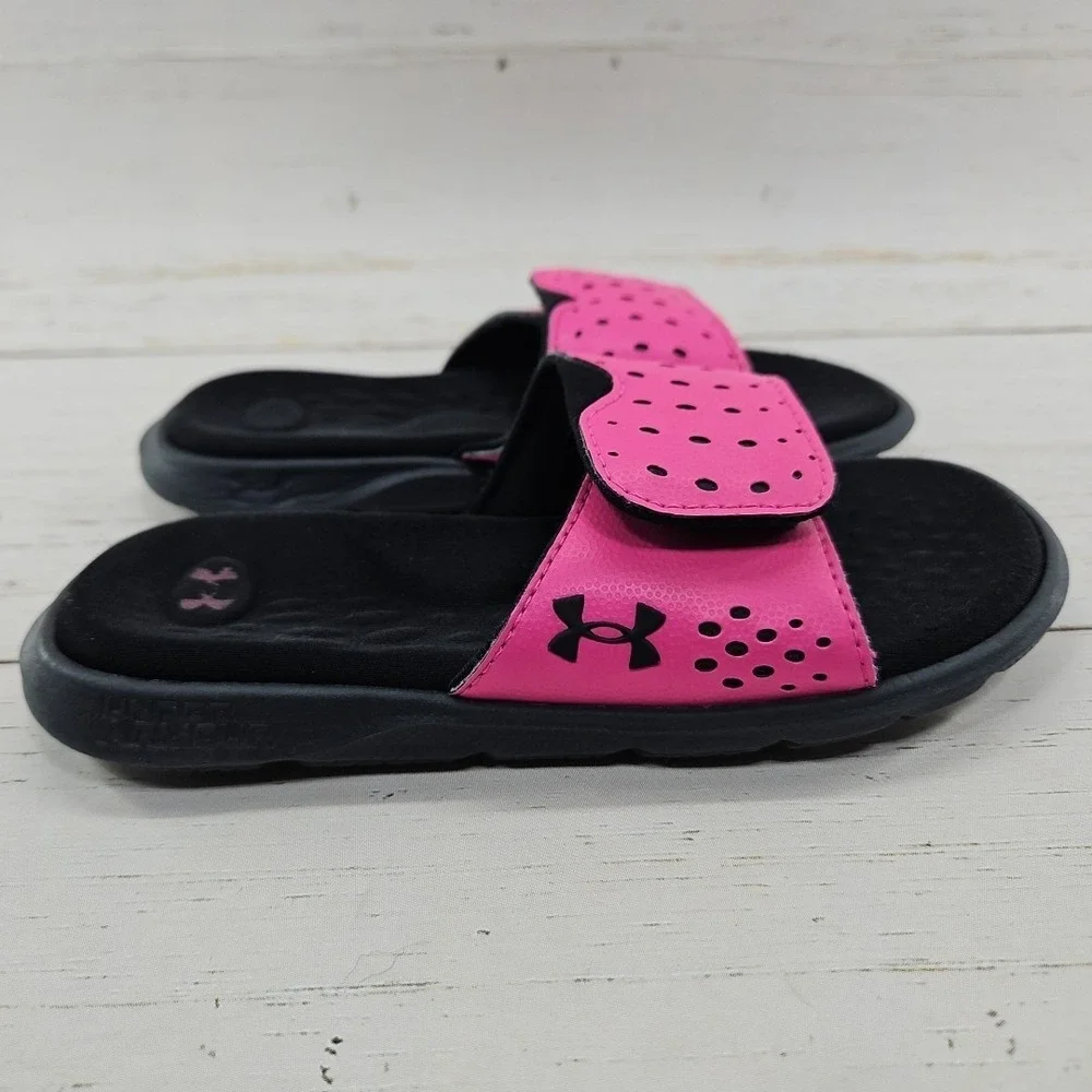 Under Armour Ignite Pro Slides Girls‎ 13K Black Pink Adjustable Strap 3026039
